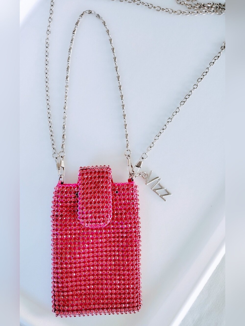 Hot Pink Vizz Rhinestone Crystal Mini Bag With Silver Straps